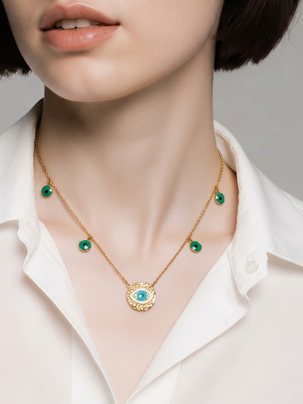 Gold-Plated Turquoise center Evil Eye Pendant Necklace - Women Jewelry